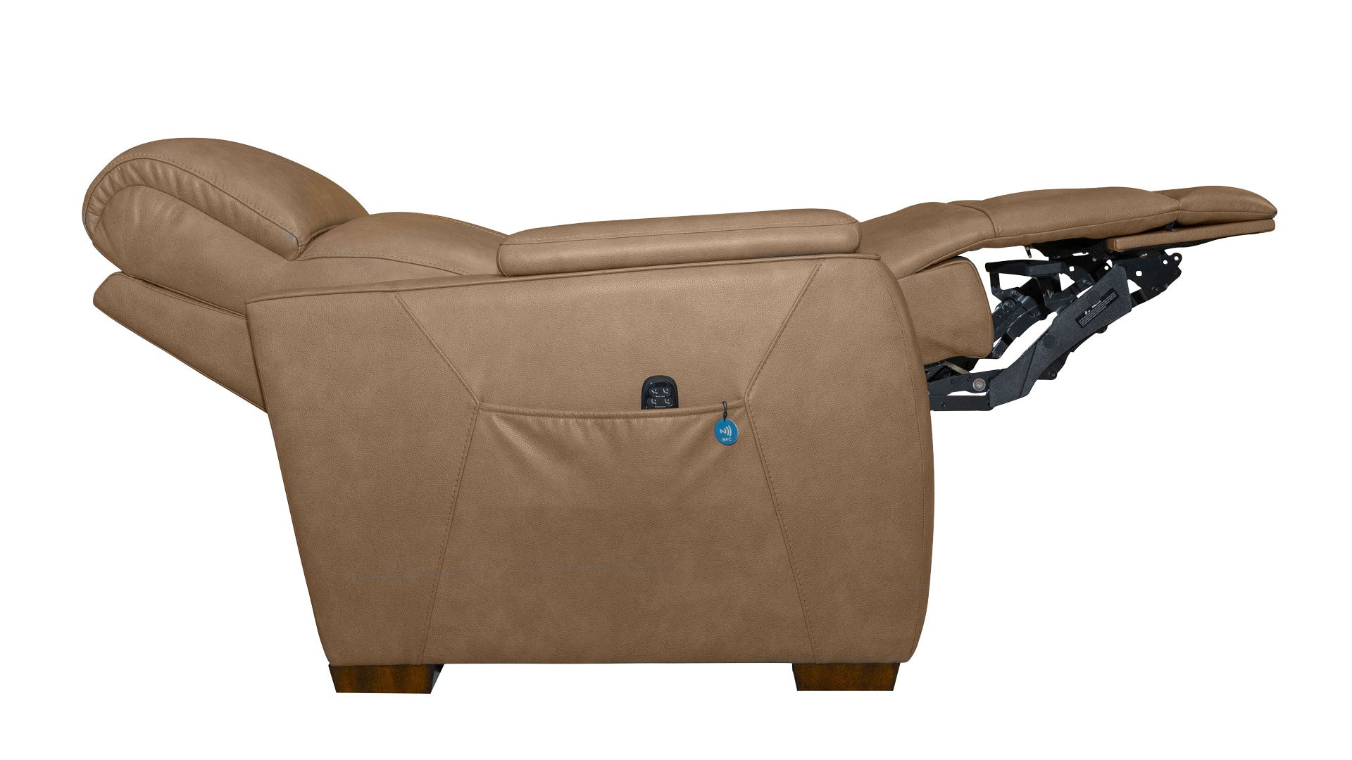 A tan leather recliner chair shown in a side profile with the footrest extended, on a plain white background.
