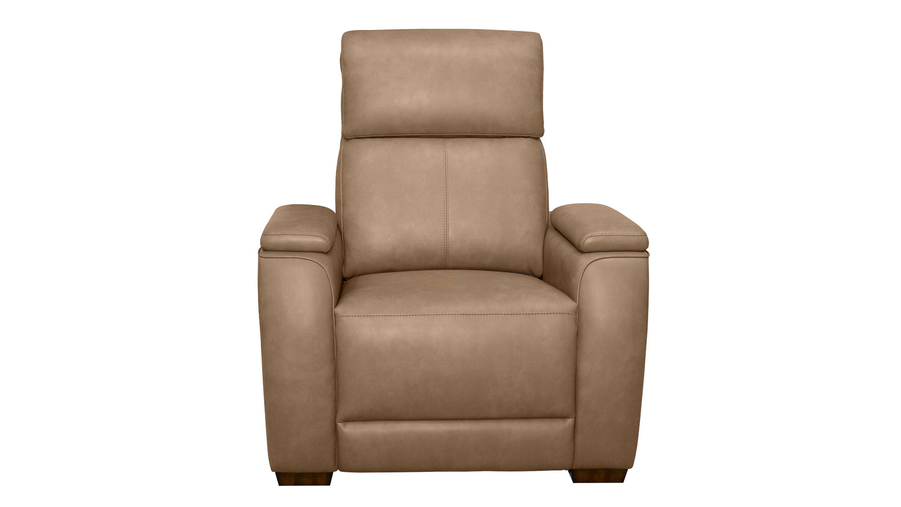 A tan leather recliner chair with a high back, padded armrests, and dark wooden feet, shown against a plain white background.