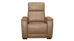 A tan leather recliner chair with a high back, padded armrests, and dark wooden feet, shown against a plain white background.