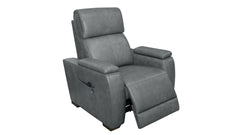 A gray upholstered recliner chair shown at an angle on a plain white background.