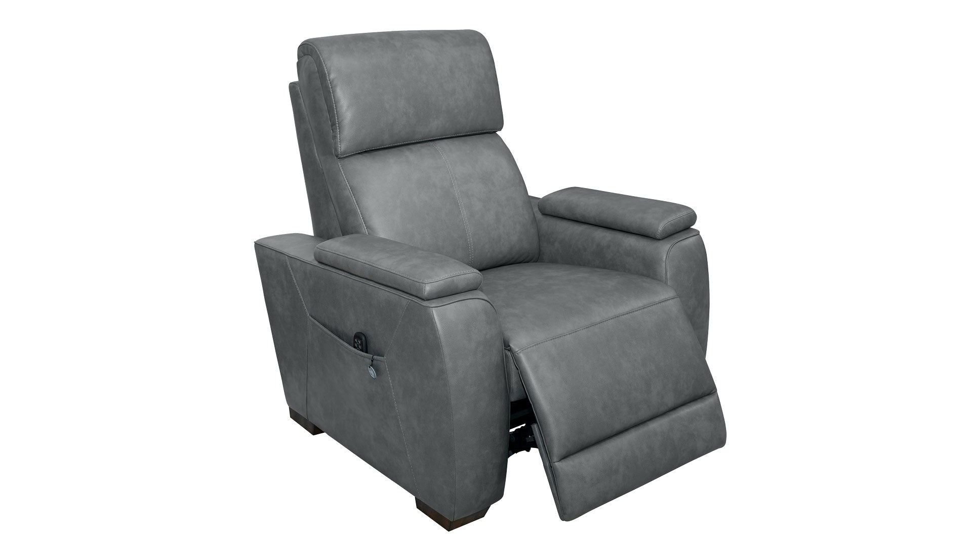 A gray upholstered recliner chair shown at an angle on a plain white background.