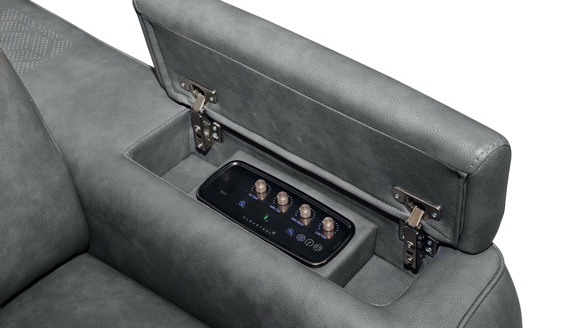 Close-up of a gray upholstered seat with the backrest folded down to reveal an integrated control panel with knobs and a digital display.