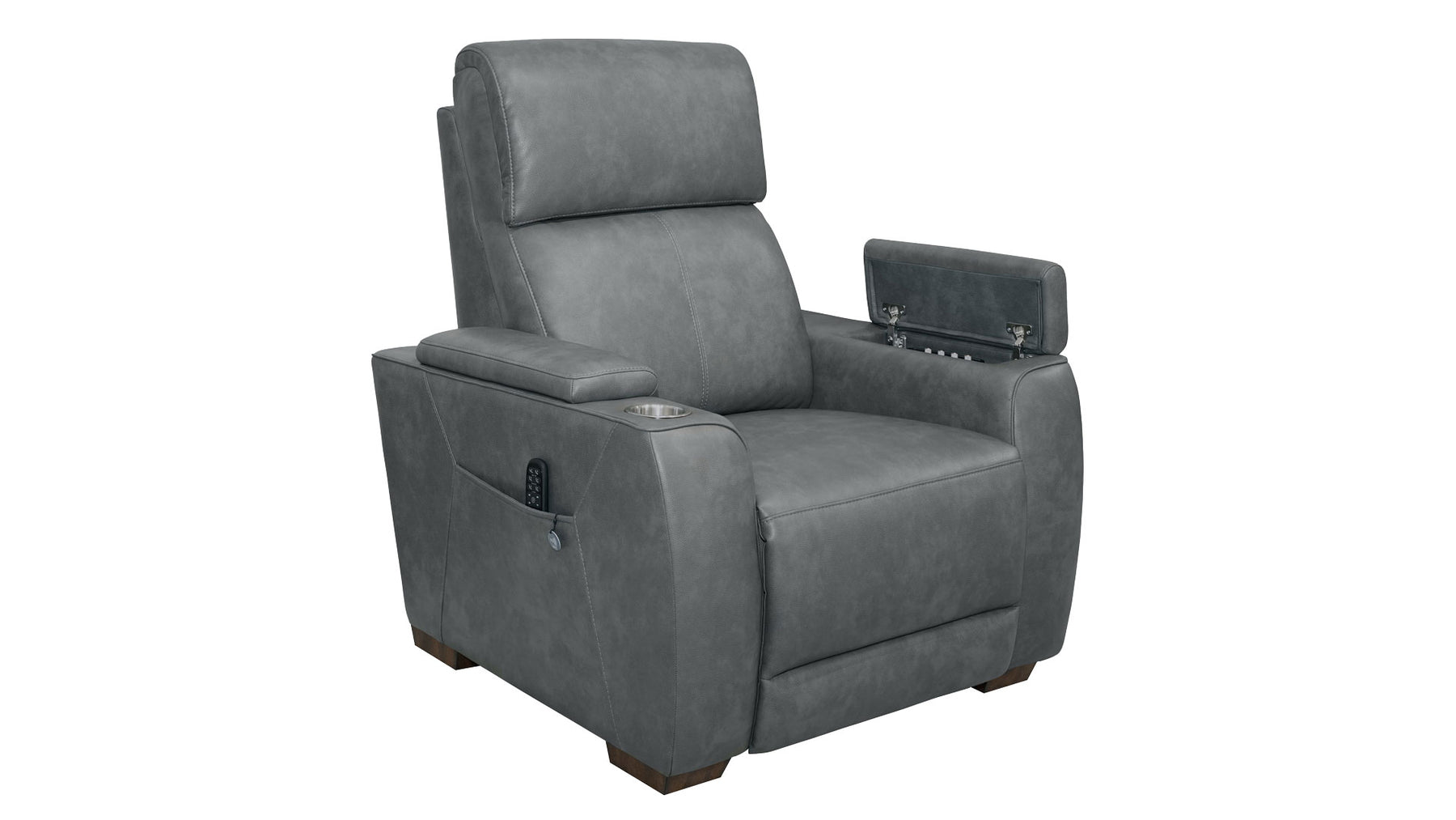A gray upholstered recliner chair with a headrest, padded armrests, and a side pocket holding a remote, shown on a plain white background.