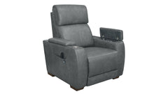 A gray upholstered recliner chair with a headrest, padded armrests, and a side pocket holding a remote, shown on a plain white background.