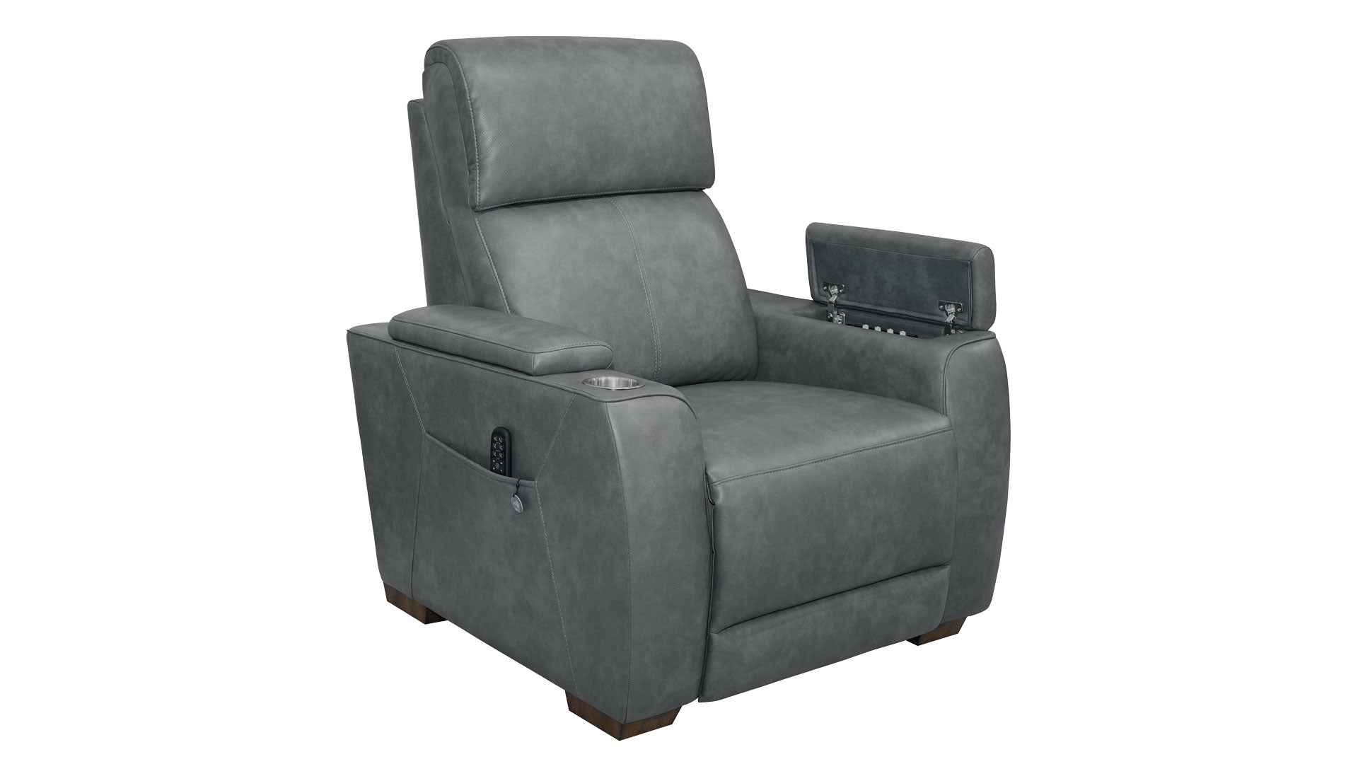 A gray upholstered recliner chair with a headrest, padded armrests, and a side pocket holding a remote, shown on a plain white background.
