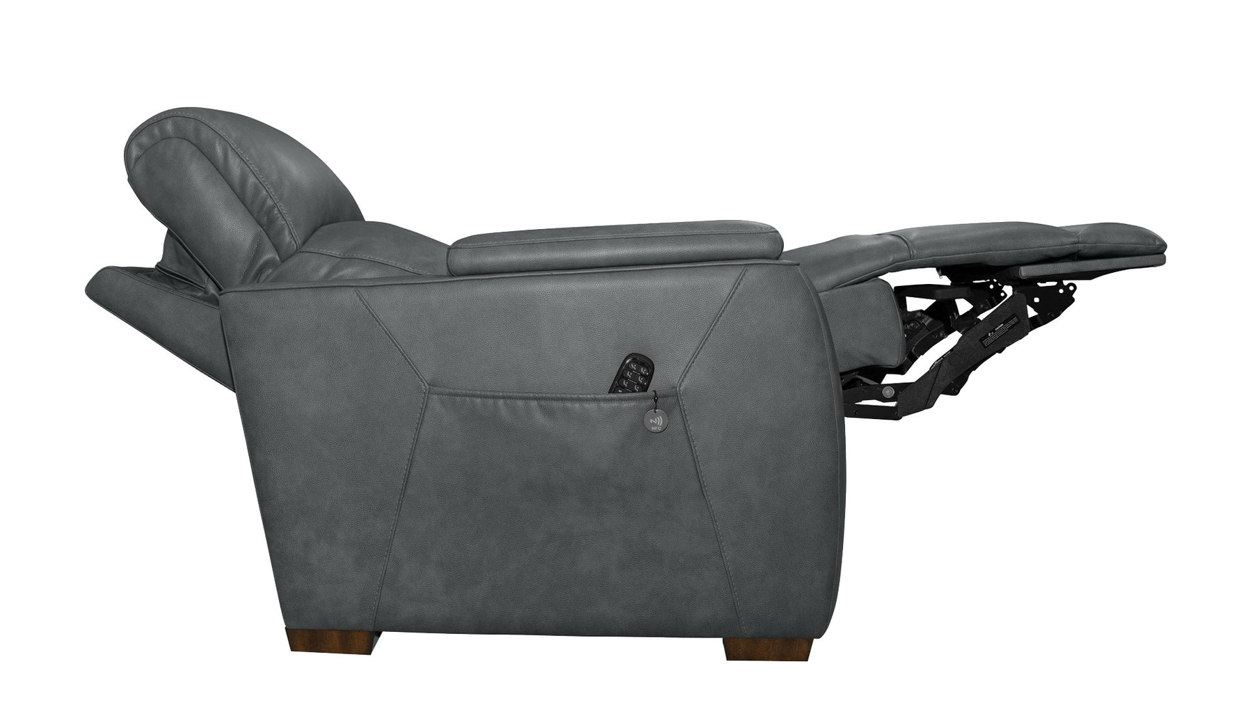 A dark gray leather recliner chair shown in a side profile with the footrest extended, isolated on a white background.