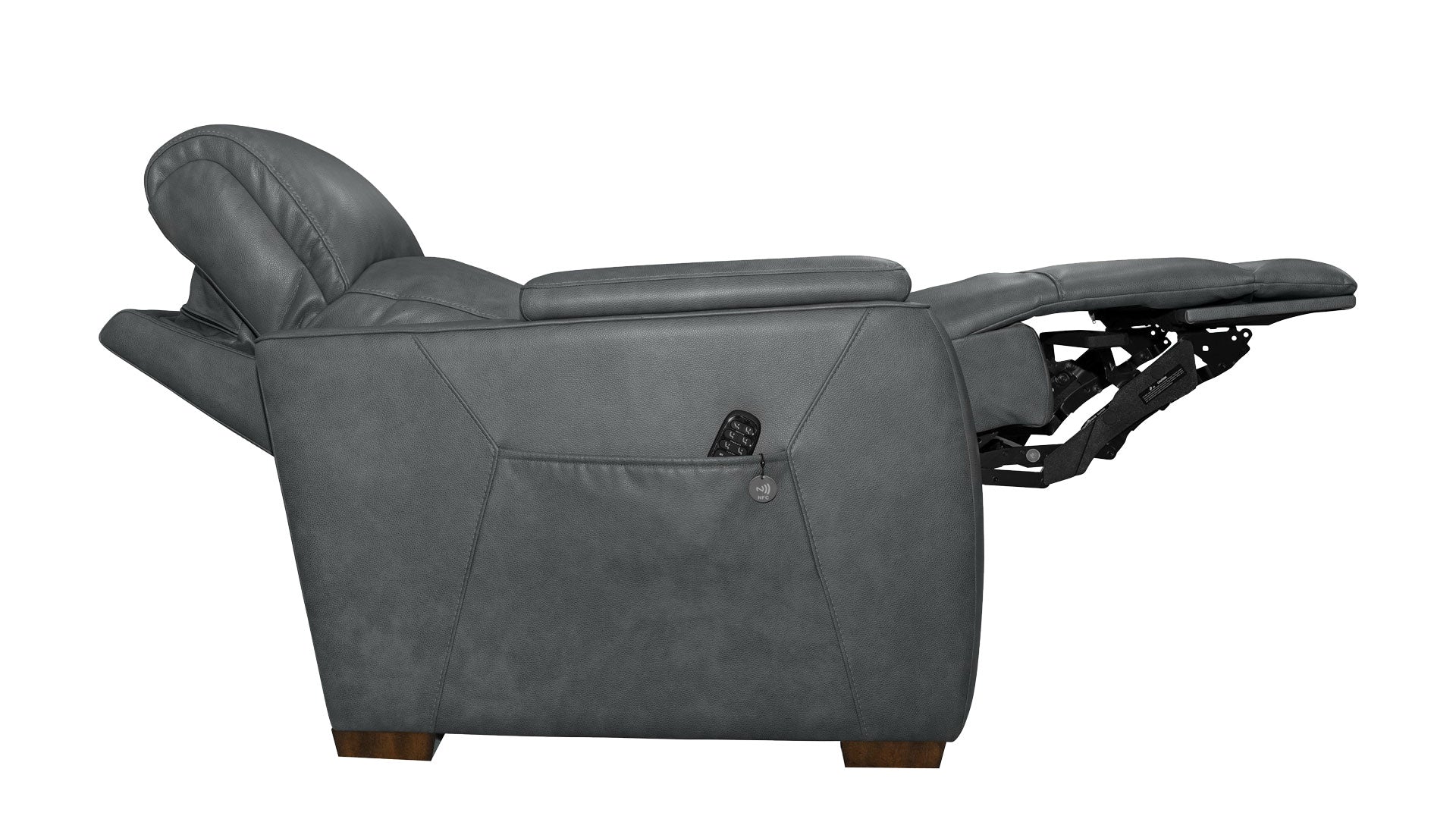 A dark gray leather recliner chair shown in a side profile with the footrest extended, isolated on a white background.