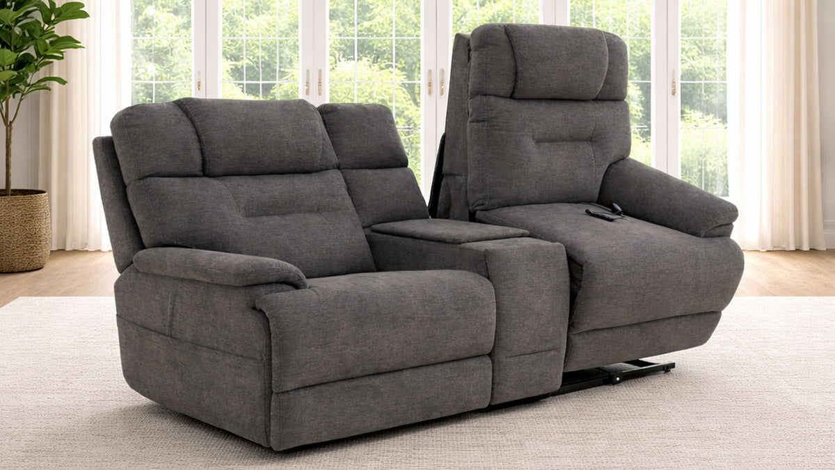 MacZcliner Umber Grey Dual Power Lift Reclining Loveseat with Console – Assistive Sleep Chair | Gallery Furniture