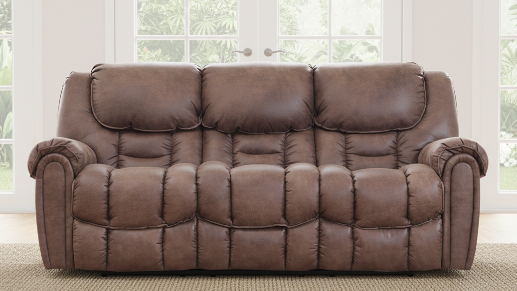Brown leather sofa in a room with large windows