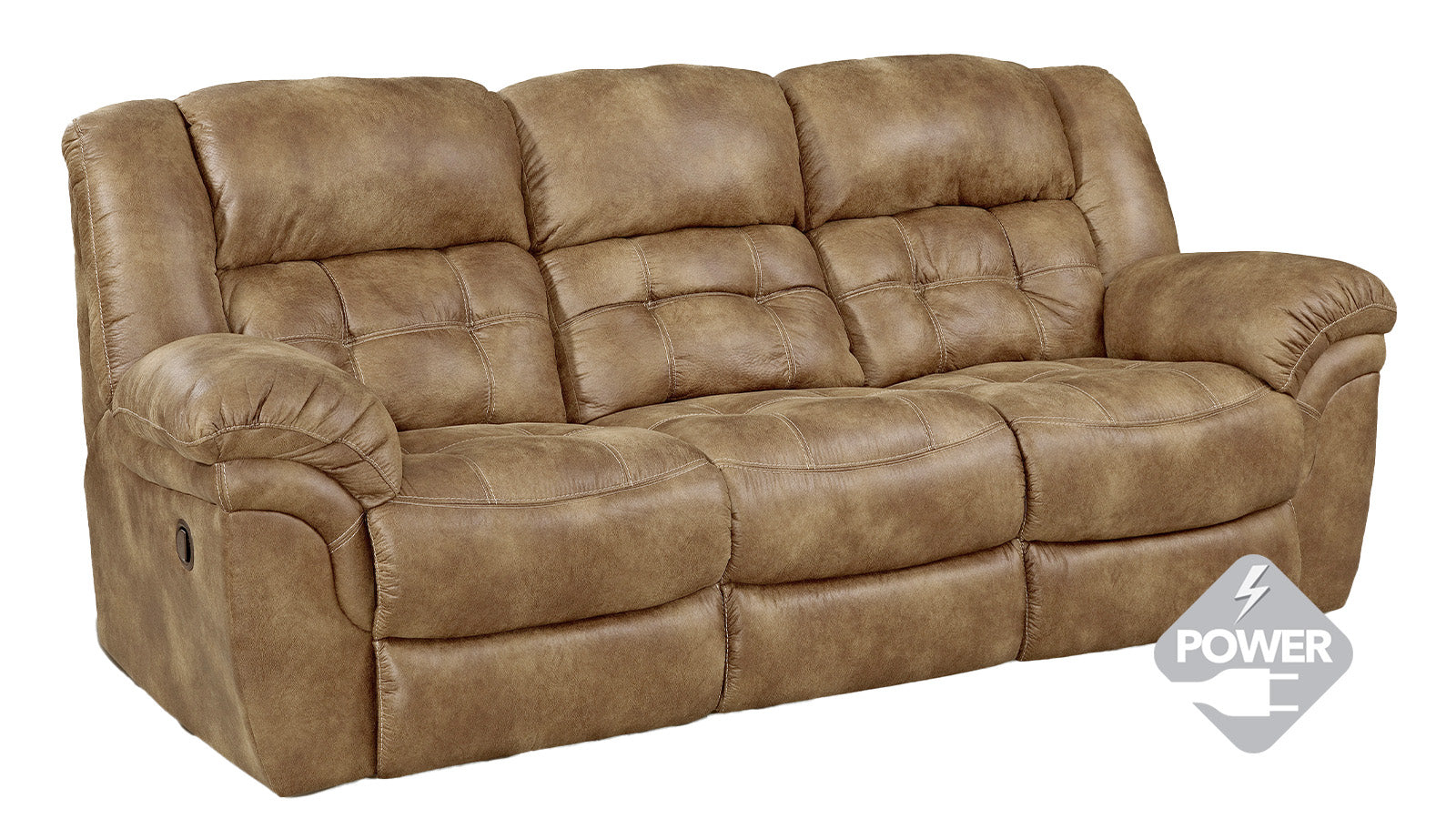 Brown leather power reclining sofa on a white background