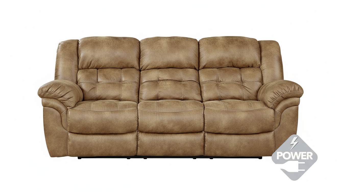 Brown leather sofa on a white background with a power symbol icon.