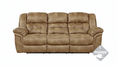 Brown leather sofa on a white background with a power symbol icon.