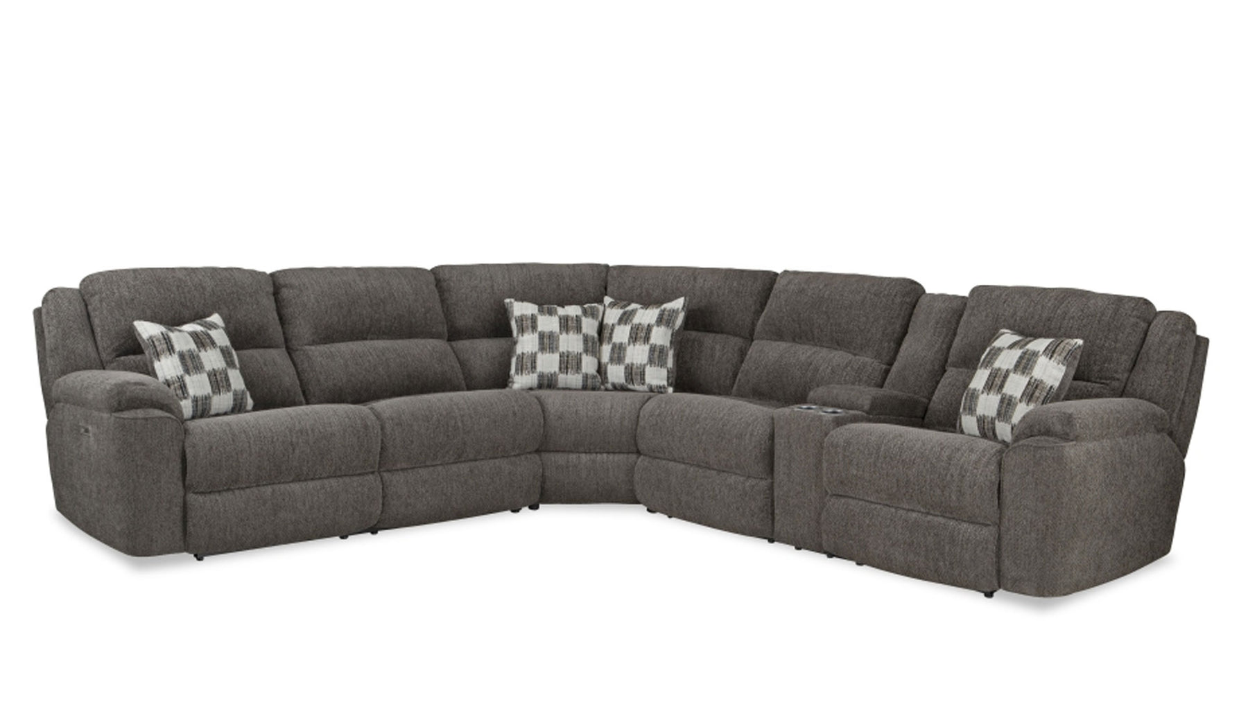Gray sectional sofa with checkered pillows on a white background