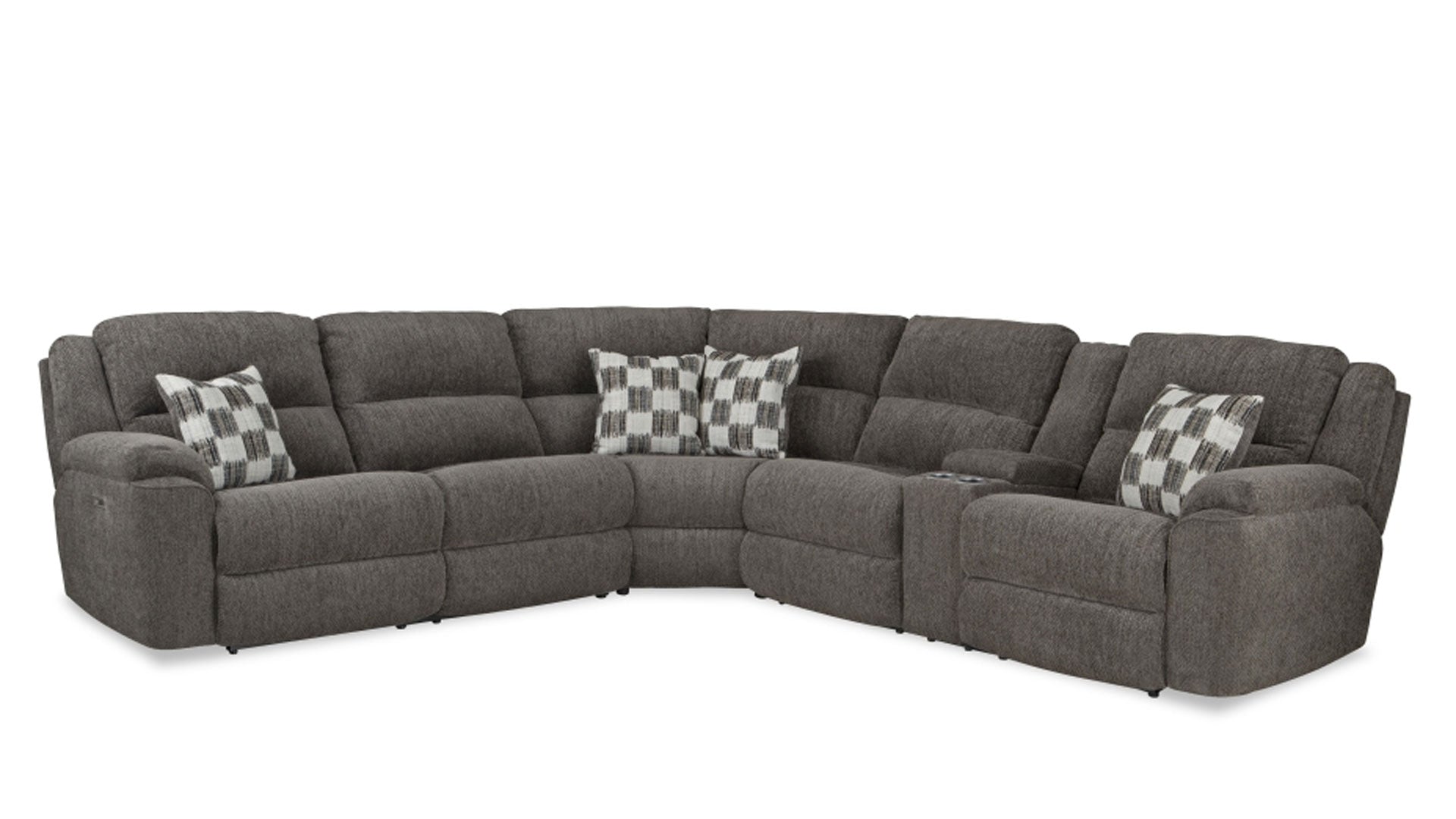 Gray sectional sofa with checkered pillows on a white background