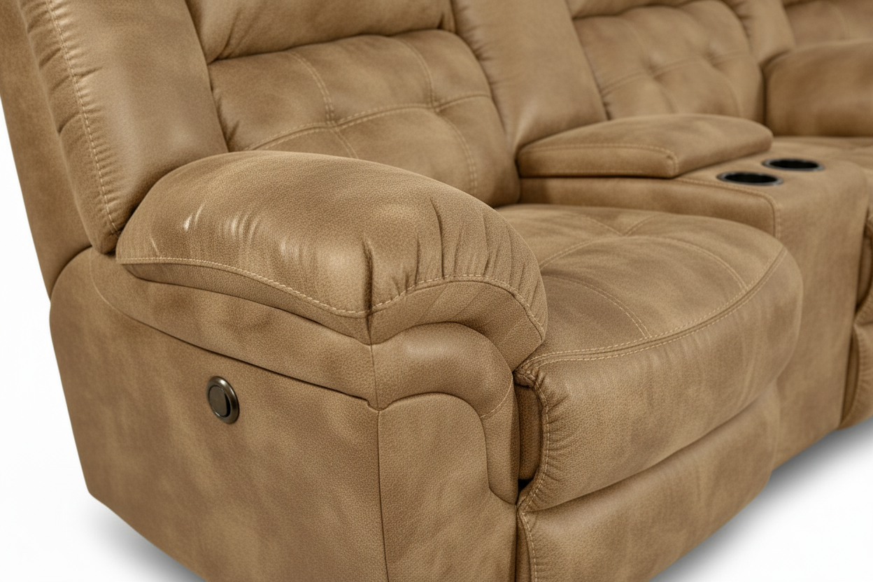 beige sectional sofa on a white background close up of padded arm and stitching