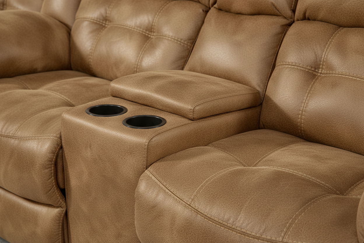 Frontier Almond recliner with cup holders and storage on a matching sofa