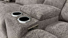 Gray textured sofa with cup holders and power outlet