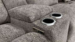 Gray recliner sofa with cup holders and power outlet