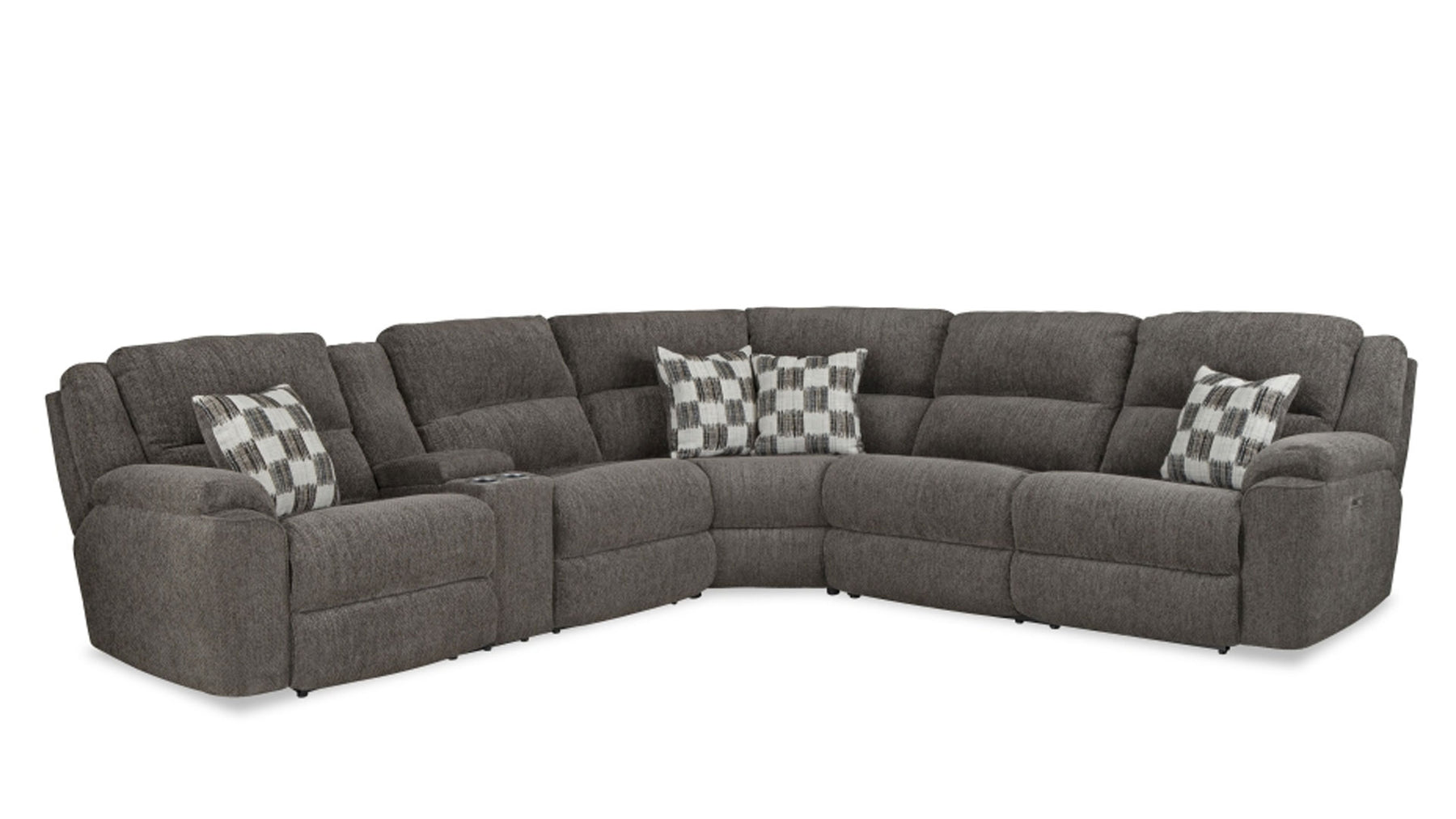 Gray sectional sofa with patterned cushions on a white background