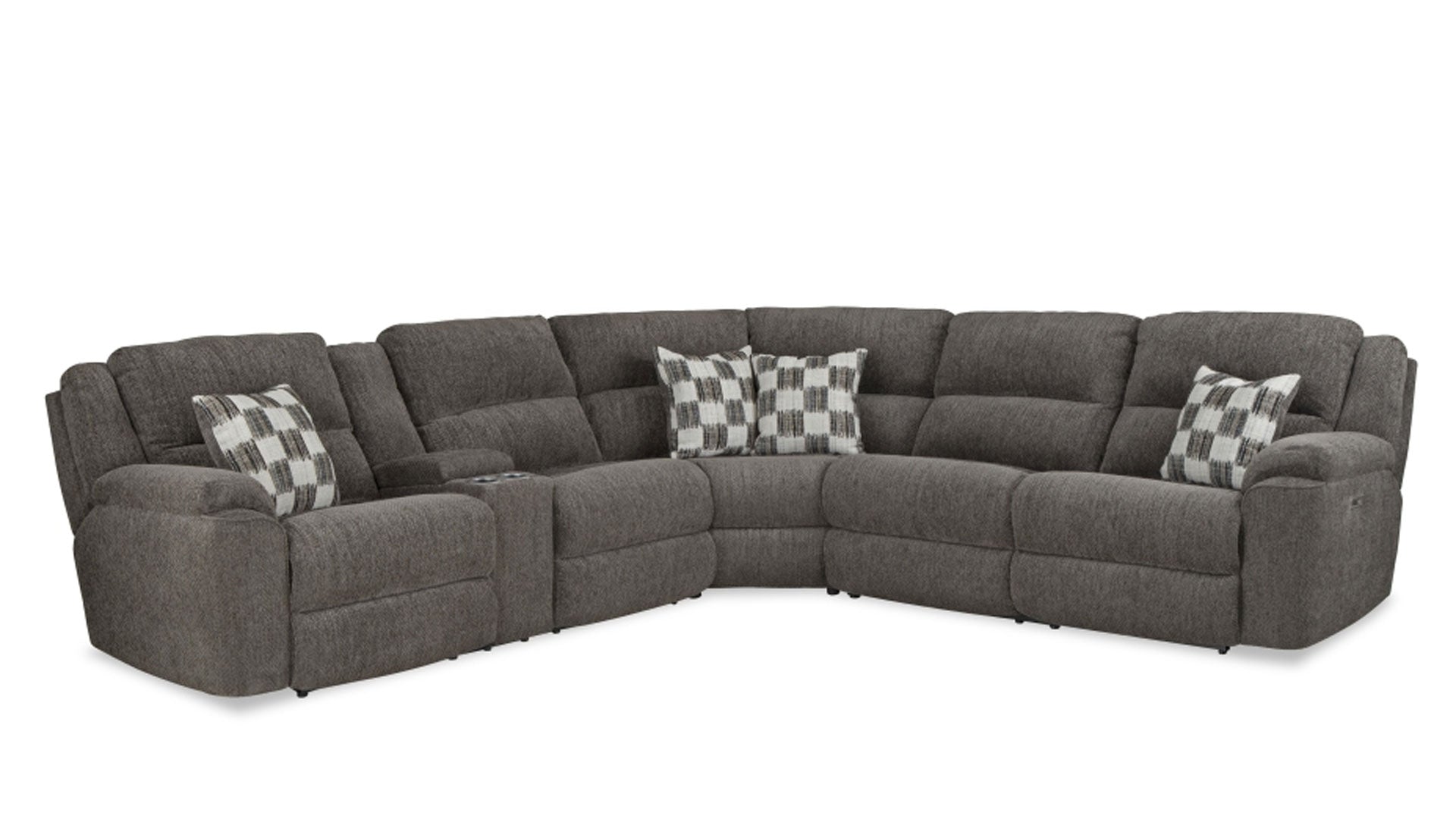 Gray sectional sofa with patterned cushions on a white background