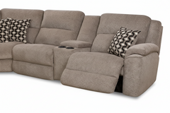 Brown sectional sofa with reclining seats and cup holders on a white background