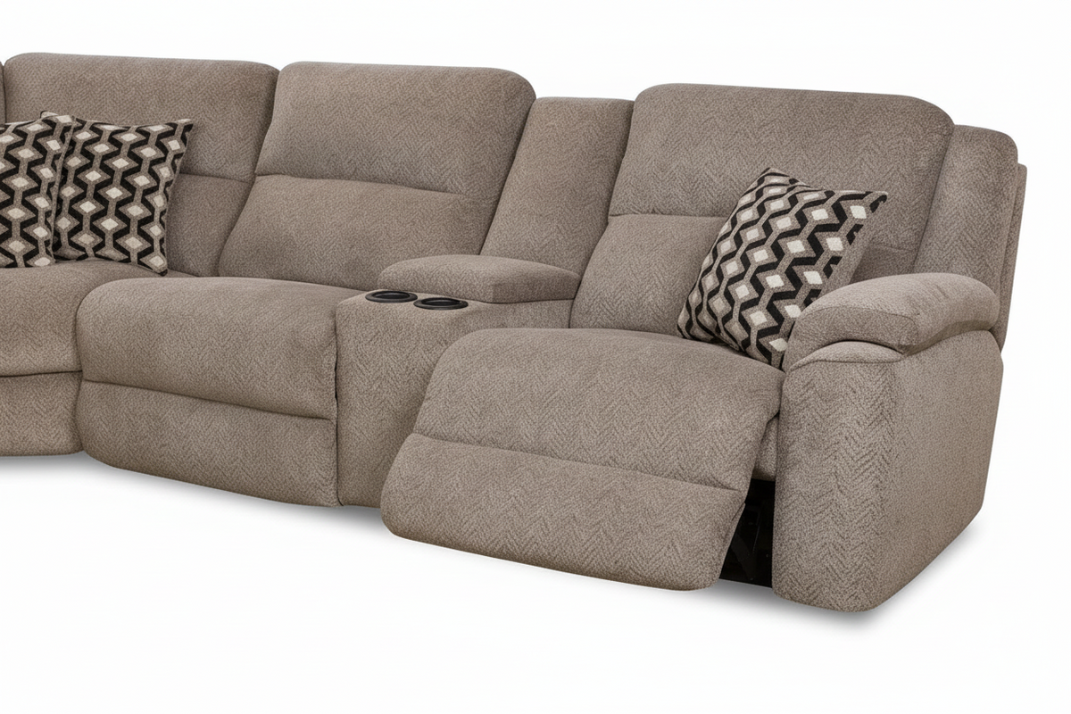Brown sectional sofa with reclining seats and cup holders on a white background