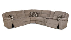 A right side facing console power reclining sectional in grey fabric with integrated USB ports, built-in lighting, and cup holders. It includes several plush cushions with a patterned design.