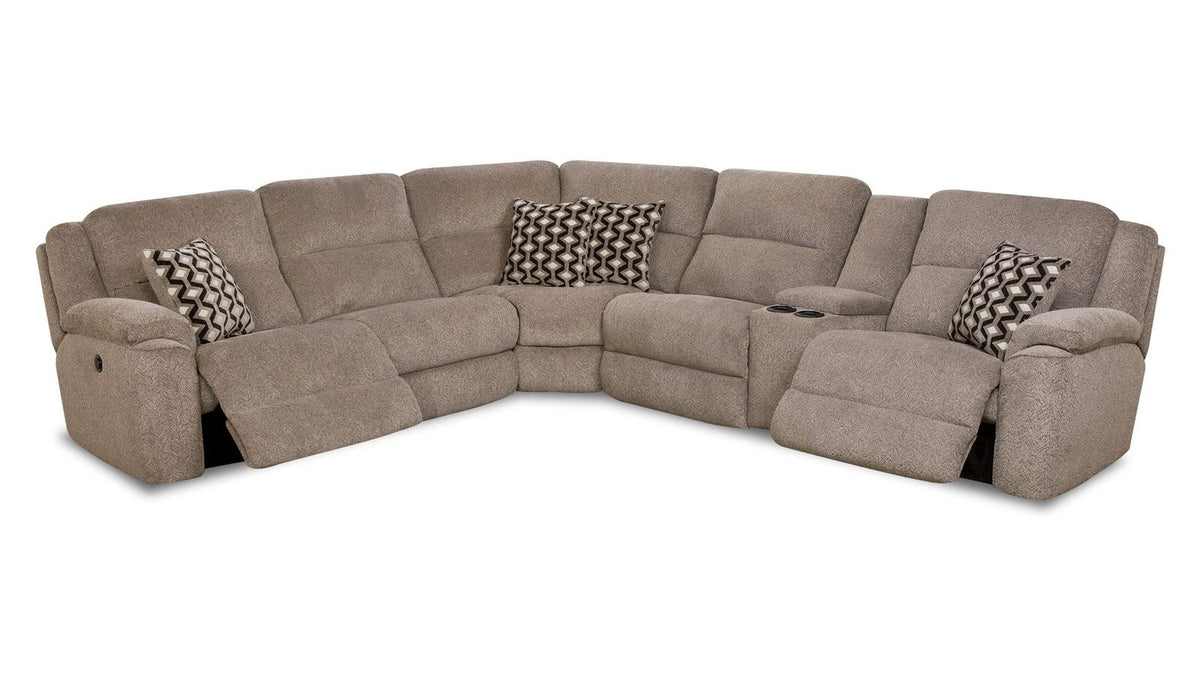 A right side facing console power reclining sectional in grey fabric with integrated USB ports, built-in lighting, and cup holders. It includes several plush cushions with a patterned design.