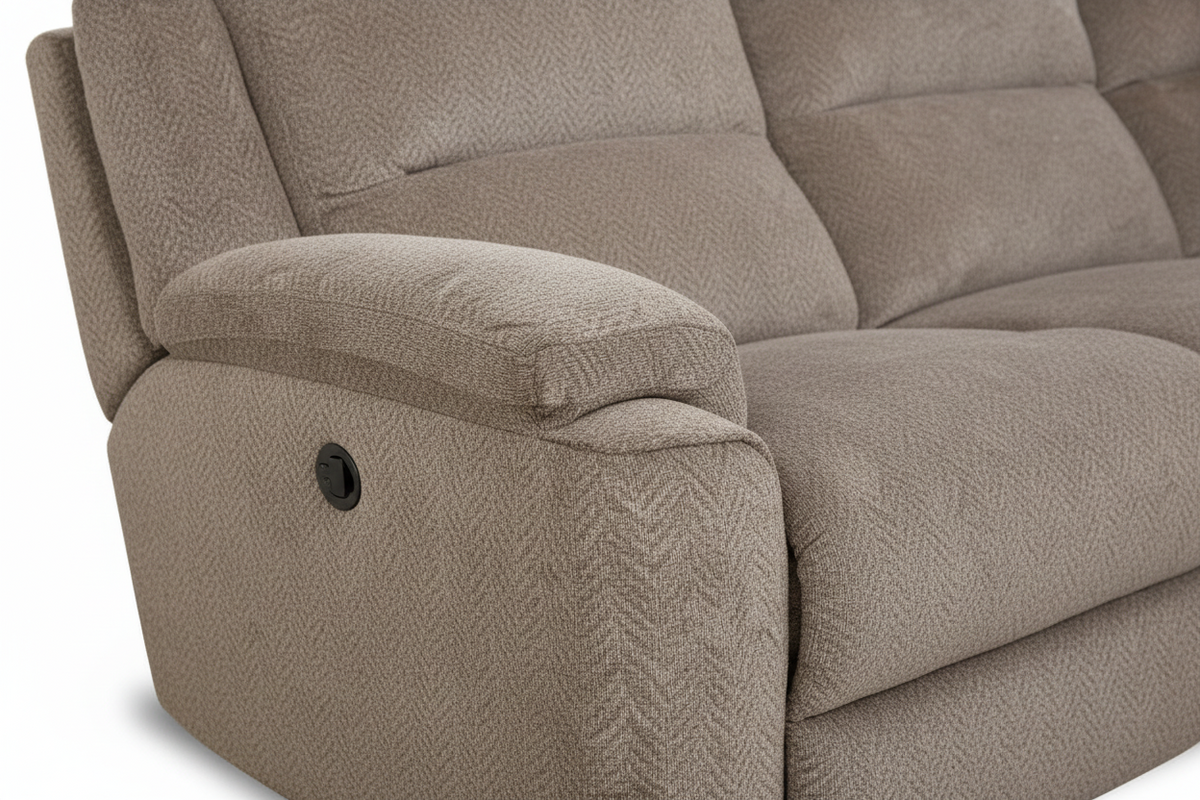 A right side facing console power reclining sectional in grey fabric with integrated USB ports, built-in lighting, and cup holders. It includes several plush cushions with a patterned design.