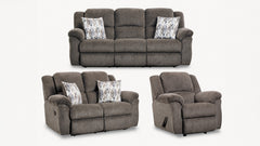 A three-piece reclining living room furniture set in textured taupe gray, including a three-seater sofa, a two-seater loveseat, and a single recliner, shown on a plain white background.