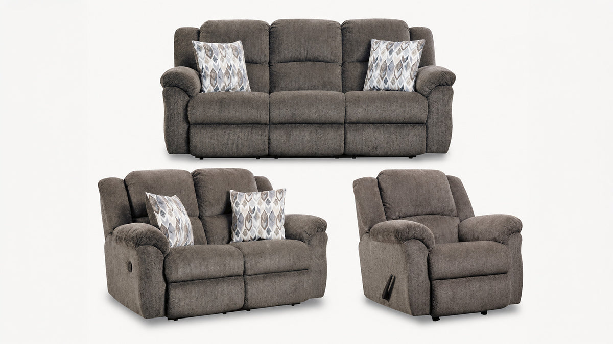 A three-piece reclining living room furniture set in textured taupe gray, including a three-seater sofa, a two-seater loveseat, and a single recliner, shown on a plain white background.