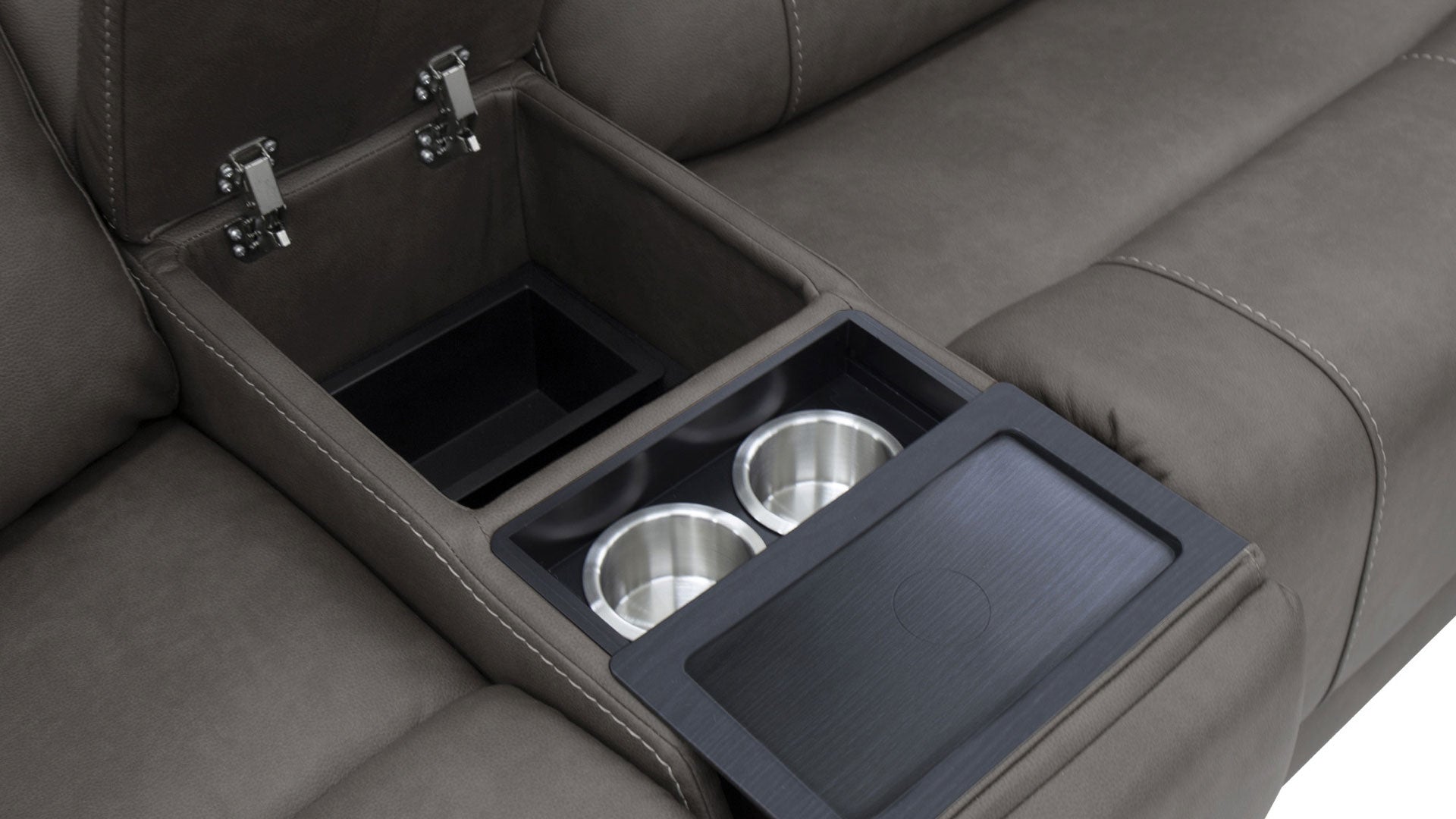 "Detail view of Cougar sectional triple power controls and storage compartment"
