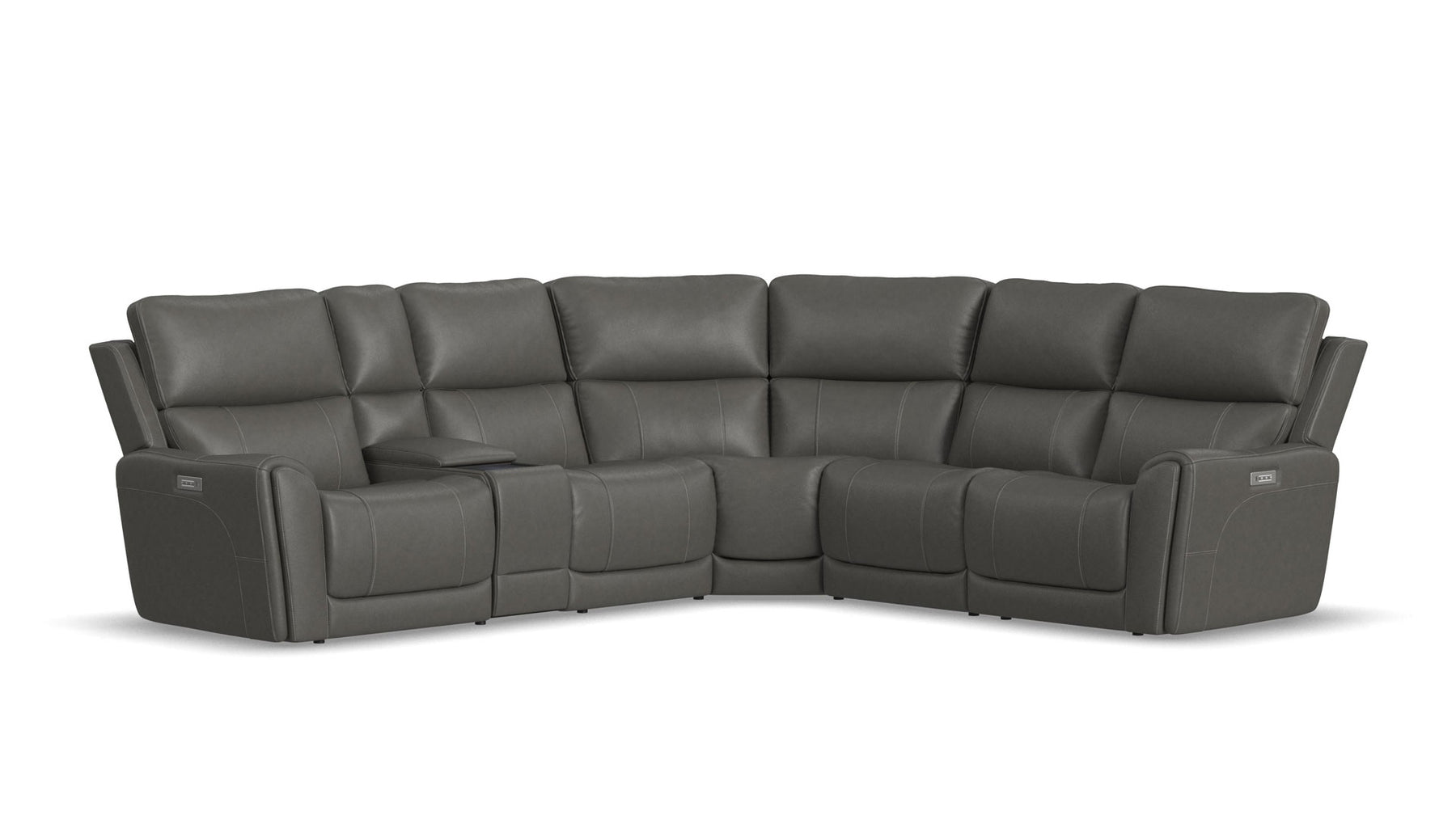 A large dark grey power reclining sectional sofa with multiple seats, including a chaise, upholstered in a faux leather fabric.