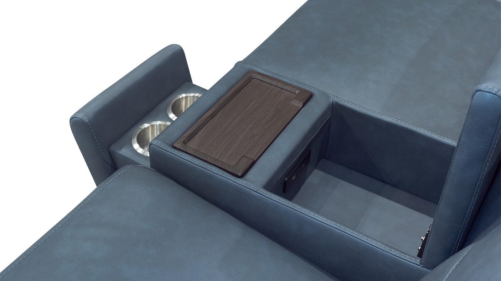 Blue upholstered vehicle seat with cup holders and a tray