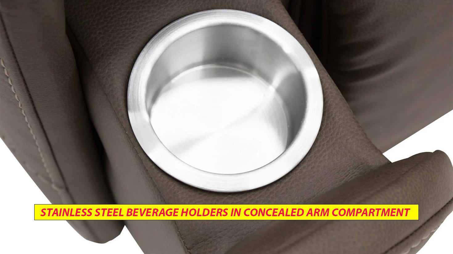 Close-up of Cougar cappuccino sectional hidden storage compartment and pop-out cup holders
