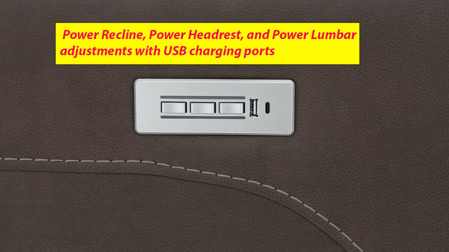 Detail view of Cougar cappuccino sectional triple power controls and USB charging port
