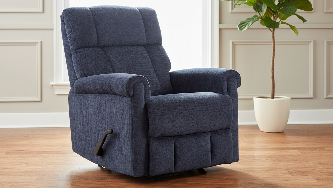 Sillón reclinable con balancín manual Perfect Match Classic en azul nocturno – Sillón tapizado para salón | Gallery Furniture