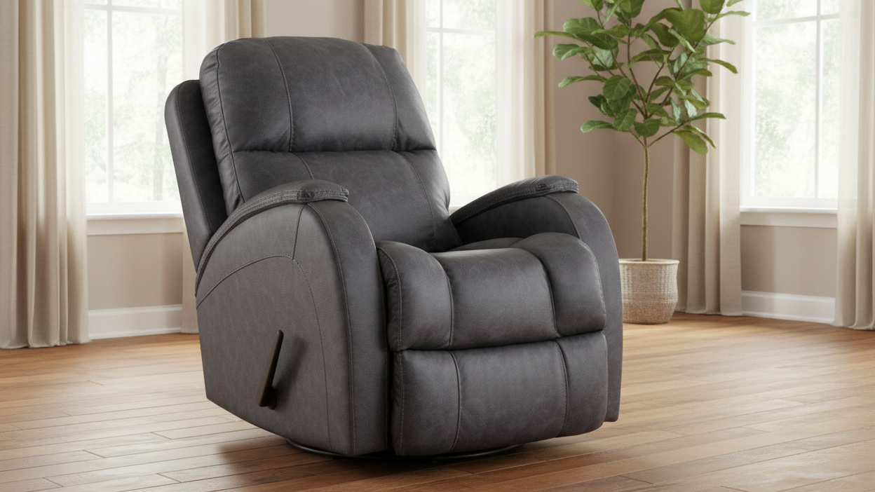 Zena Graphite Manual Swivel Glider Recliner – Upholstered Living Room Chair Made in USA | Gallery Furniture
