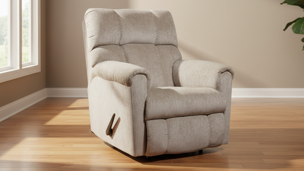 Sillón reclinable con balancín «Sand Manual» – Sillón tapizado en color beige, fabricado en EE. UU. | Gallery Furniture