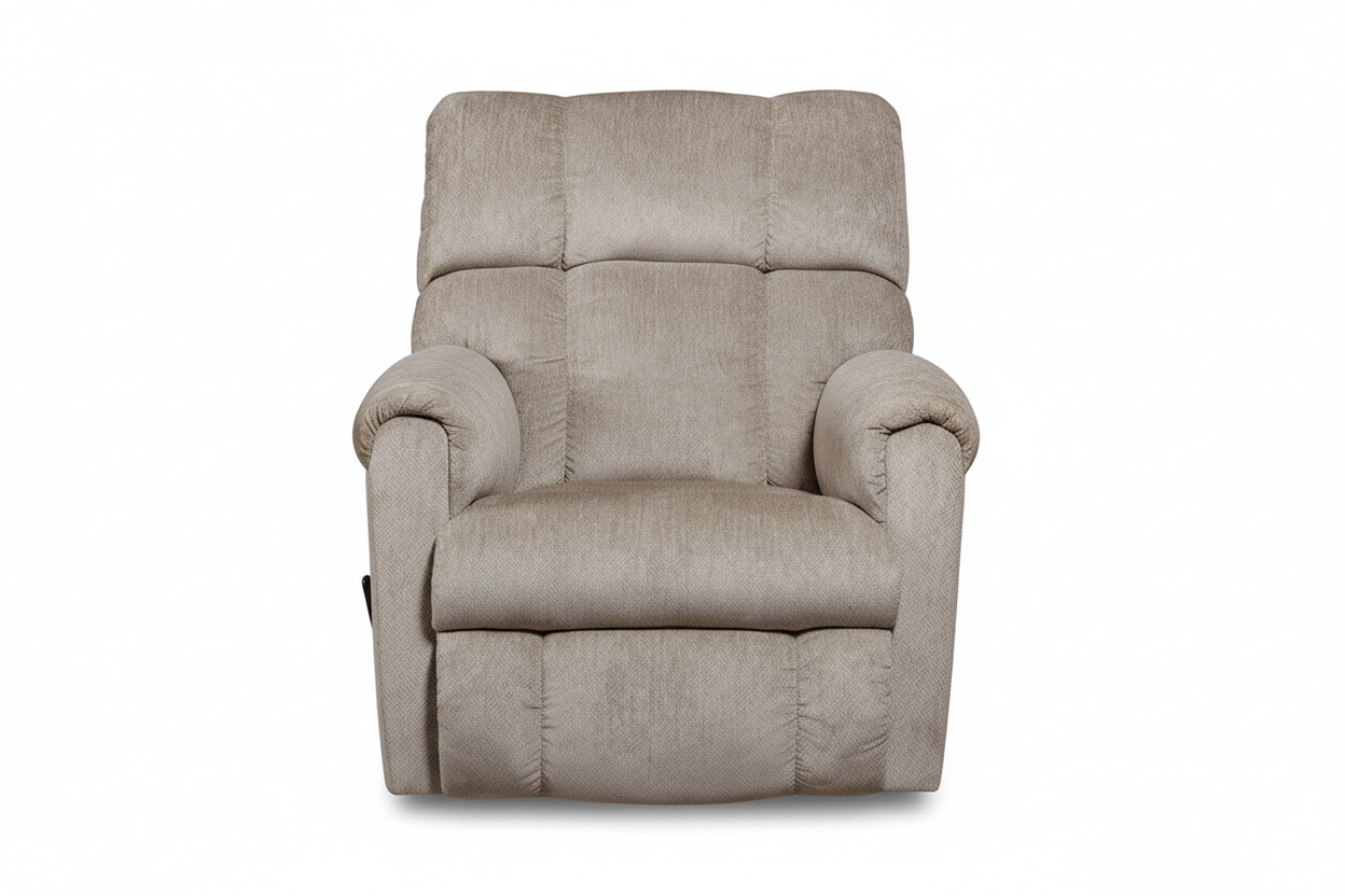 Sillón reclinable con balancín «Sand Manual» – Sillón tapizado en color beige, fabricado en EE. UU. | Gallery Furniture