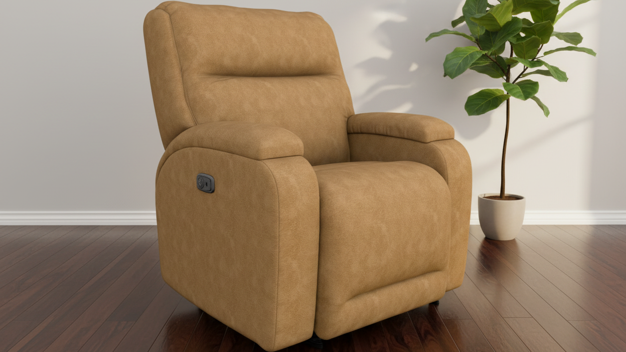 Sillón reclinable Maverly Pecan Power Rocker – Sillón tapizado para salón fabricado en EE. UU. | Gallery Furniture