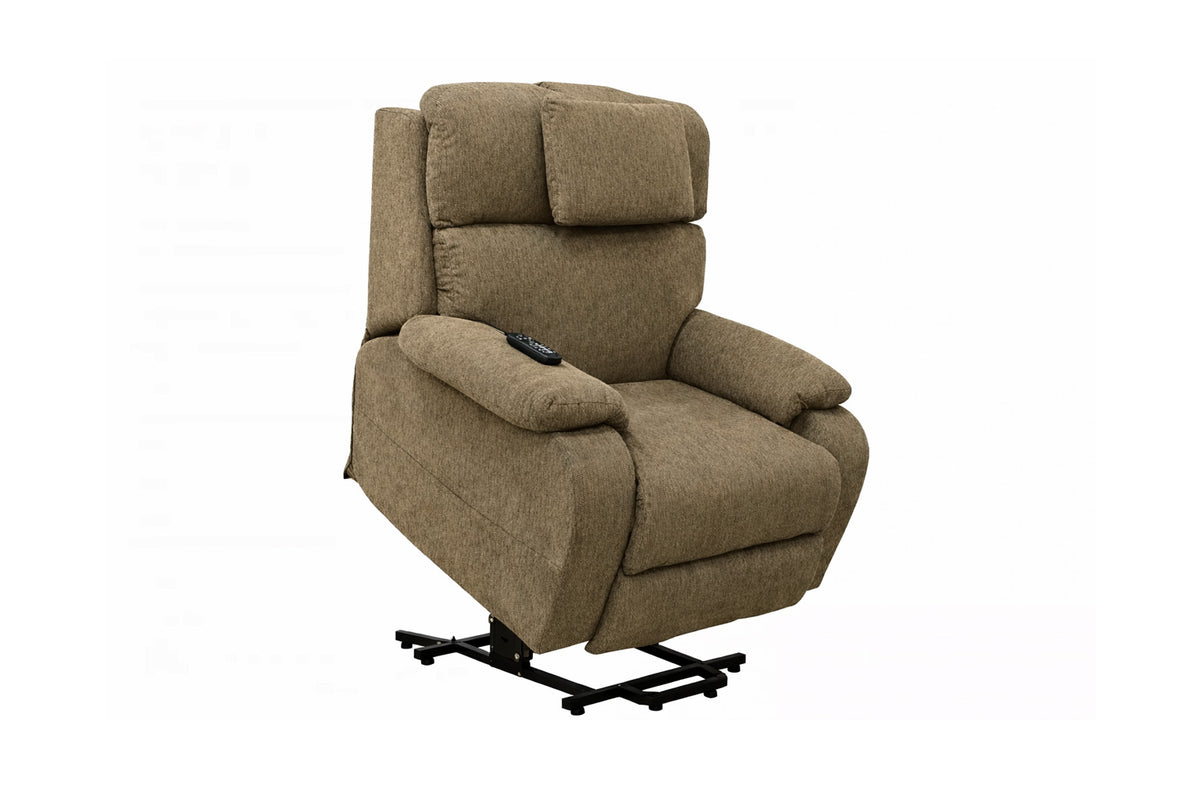 Brown recliner chair with armrests and a control panel on a white background