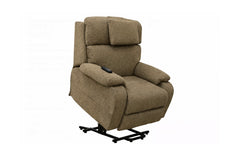 Brown recliner chair with armrests and a control panel on a white background
