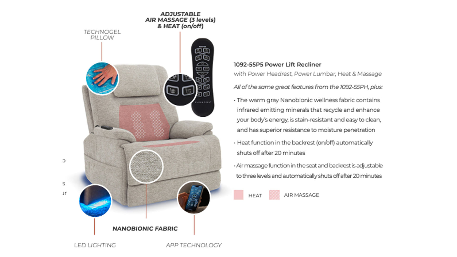 MacZcliner Light Tan P5 – Sillón reclinable eléctrico con función de elevación, calefacción y masaje | Sillón de descanso asistido