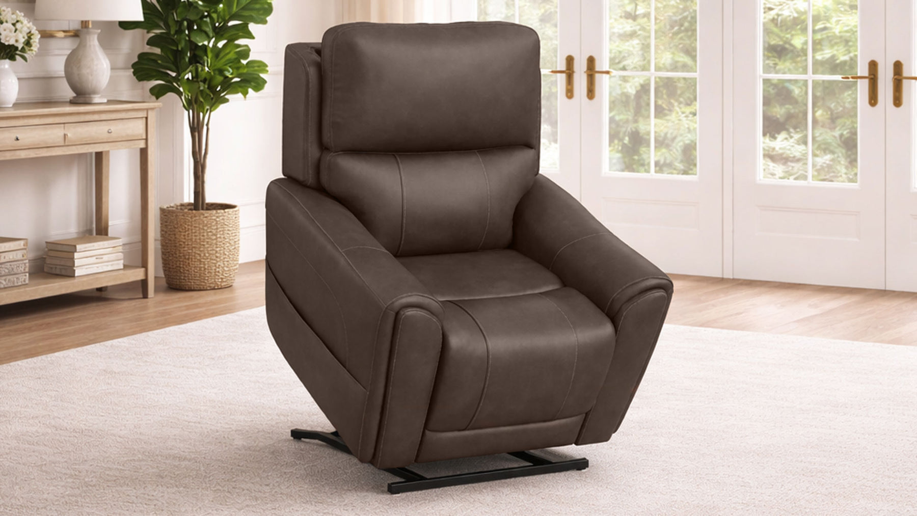 Brown leather recliner chair in a living room setting with a plant and shelves.