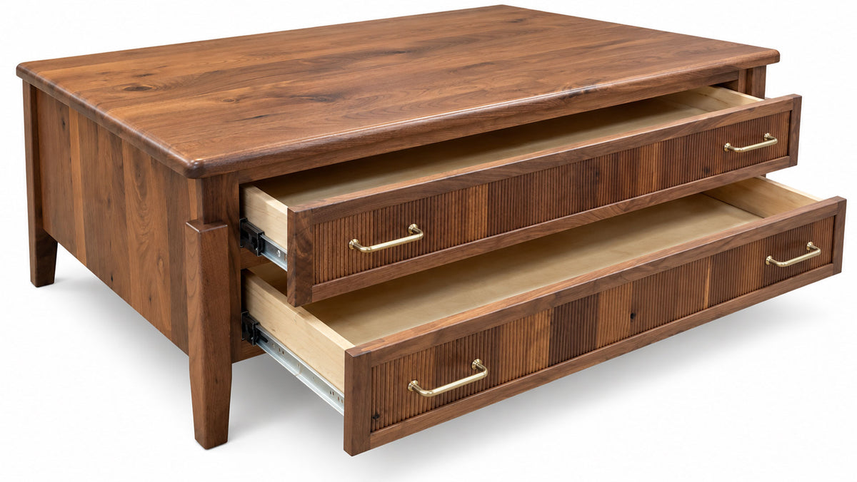 A wooden storage cabinet with a rich medium-brown finish, featuring two open drawers with brass handles and light-colored wood interiors, shown on a white background.