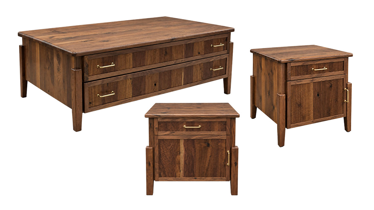 A three-piece rustic wooden furniture set including a coffee table, a two-drawer nightstand, and a cabinet with brass handles, shown on a solid white background.