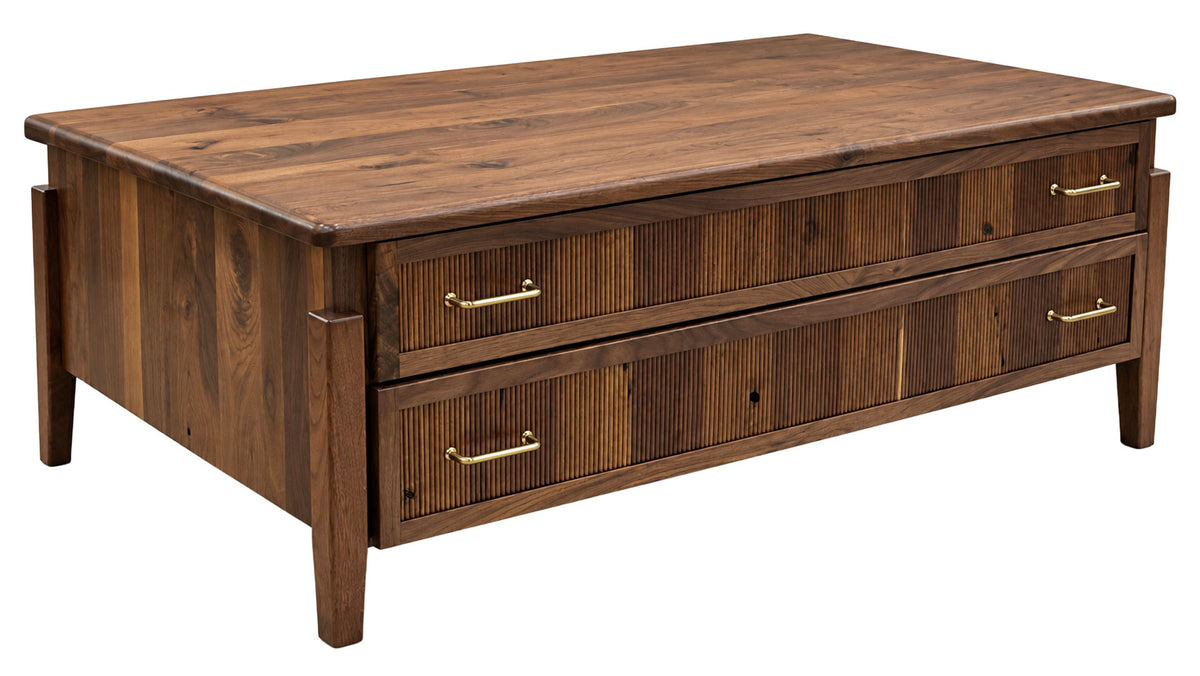 A rustic two-drawer wooden coffee table with a medium brown finish and brass handles, shown on a plain white background.