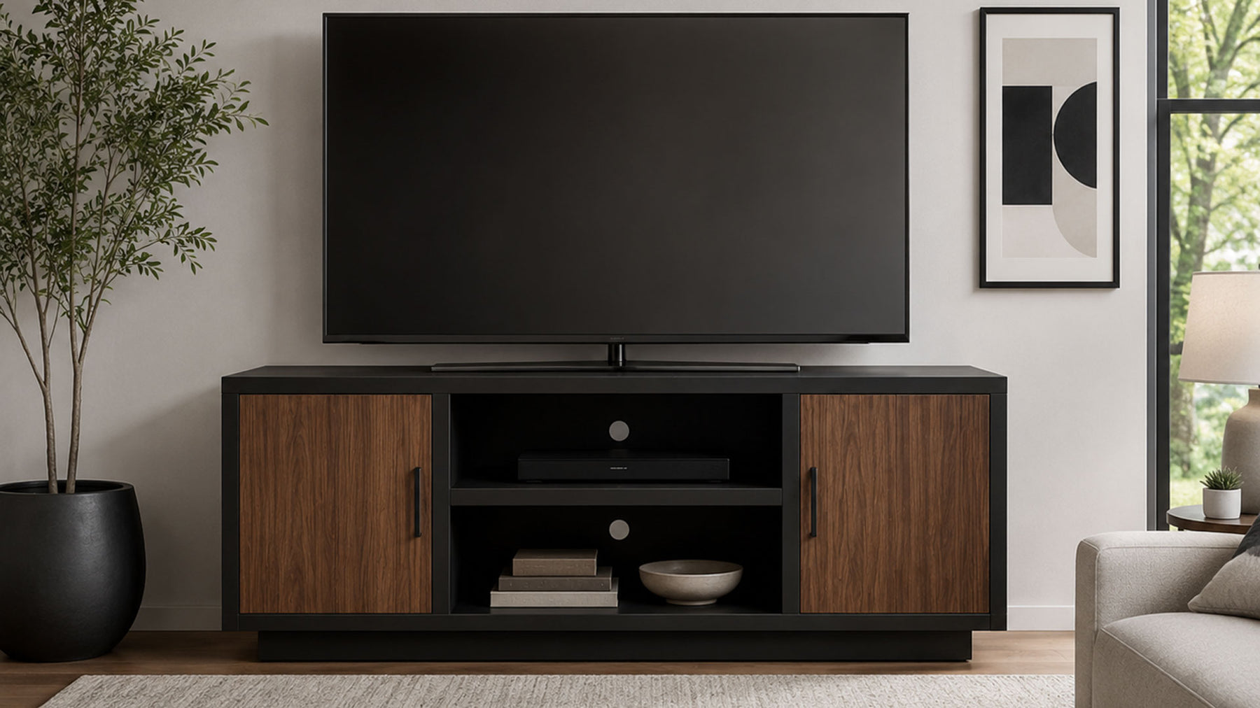 Aria 66" TV Console | Two-Tone Media Stand with Walnut Doors | Gallery Furniture