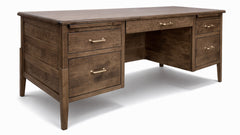 Wooden desk with multiple drawers on a white background